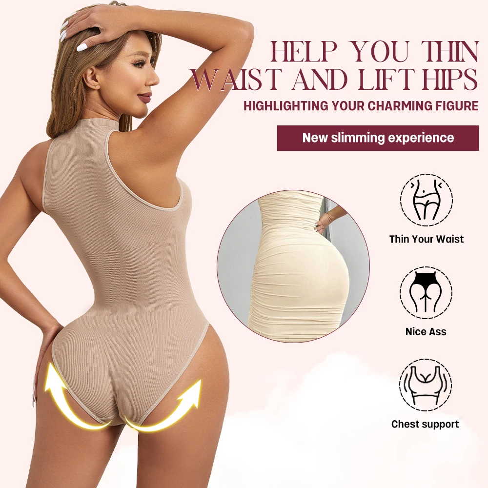 Round Neck Body Shaper Women Thin Waist Hip Enhancer Overlap Crotch Shapewear Bodysuit