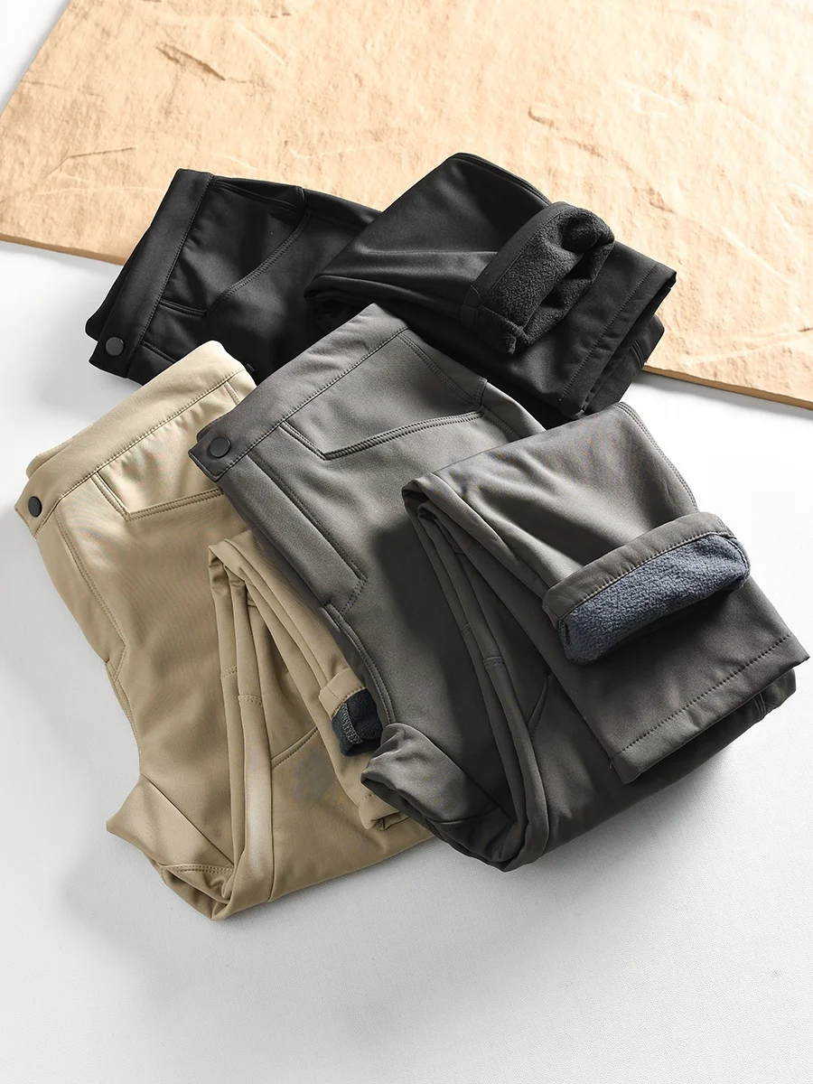 Men's Casual Fleece Lined  Pants 3D Tailoring Windproof Waterproof Autumn Winter Fashion Urban Style Straight Leg Pants