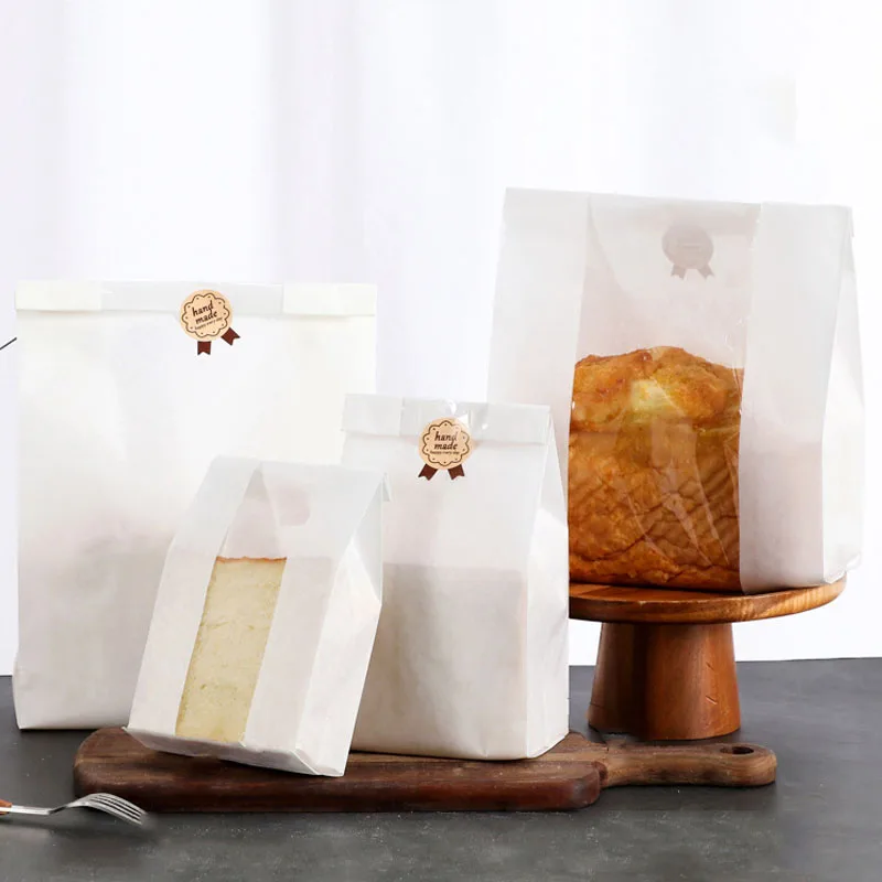 

50Pcs White Kraft Paper Bread Packaging Bag With Window Handmade Toast Bread Food Baking Bags Take-away Bag Bakery Supplies