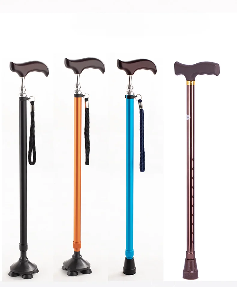 Old man crutches Solid wood retractable light light four-legged non-slip crutches for the elderly with armrests