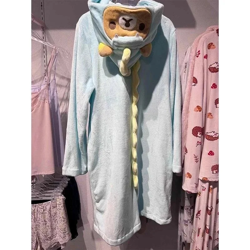 Kawaii Cartoon Rilakkuma Coral Velvet Pajamas Winter Women Plush Thickened Home Clothing Cute Anime Long Sleeve Sleepwear Set