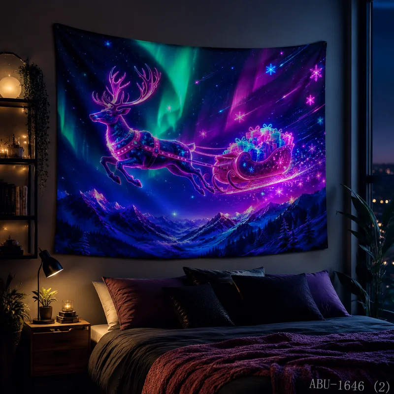 VIKAMA Neon Light Pattern Fairy Deer Cyber City Nebula Christmas Tapestry Wall Hanging Decor for Living Room