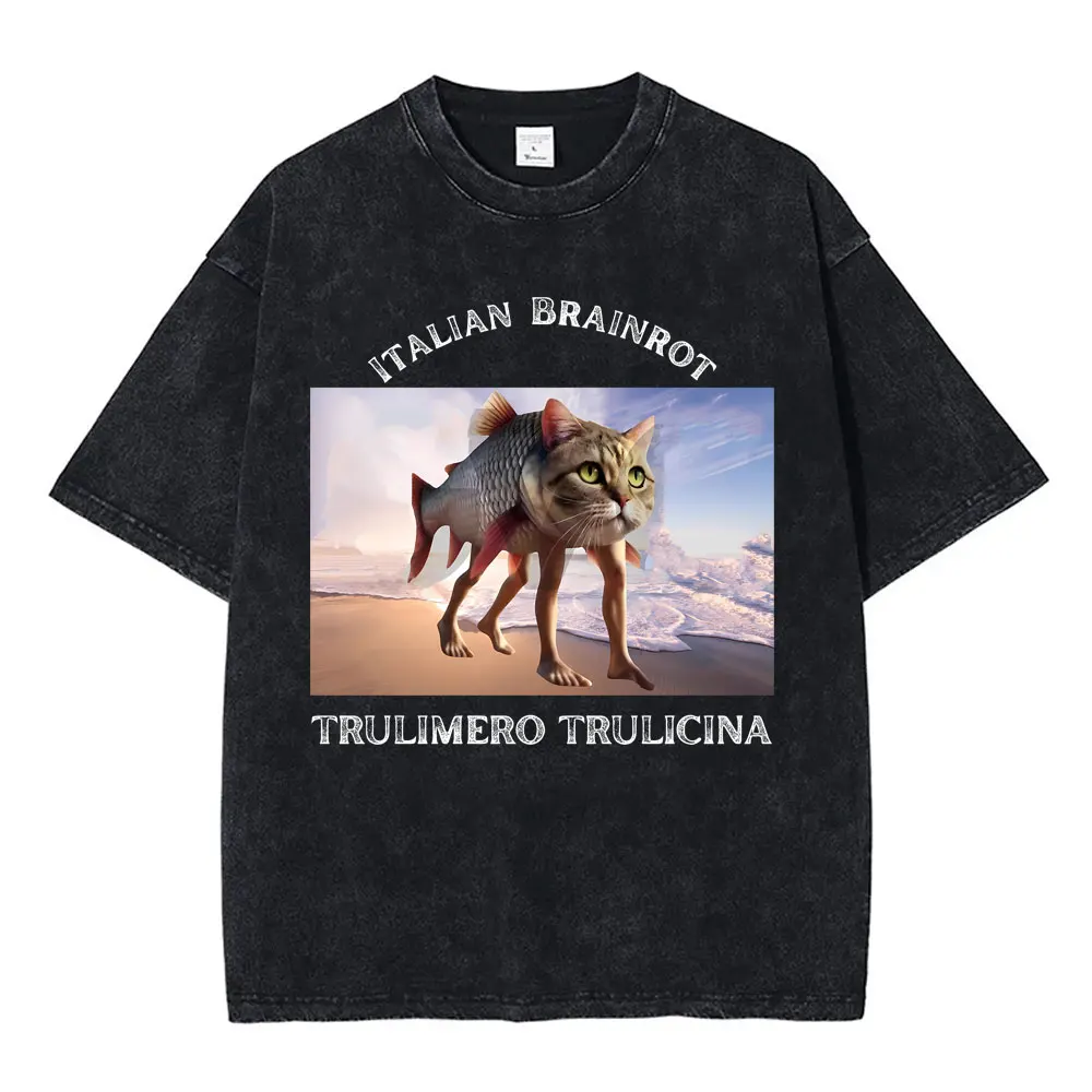 

Vintage Washed T Shirt Italian Brainrot Trulimero Trulicina Funny Meme T-shirts Men Women Casual Joke Humor T Shirts Streetwear