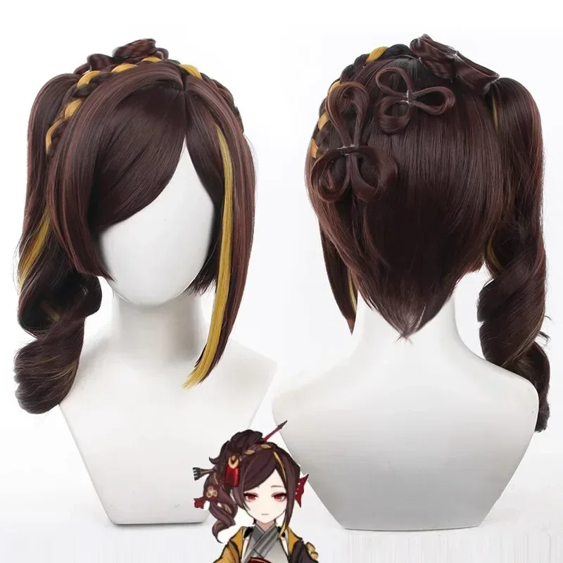 Chiori Cosplay Wig 43cm Long Ponytail Wigs Brown Yellow Mixed Color Wigs Heat Resistant Synthetic Hair