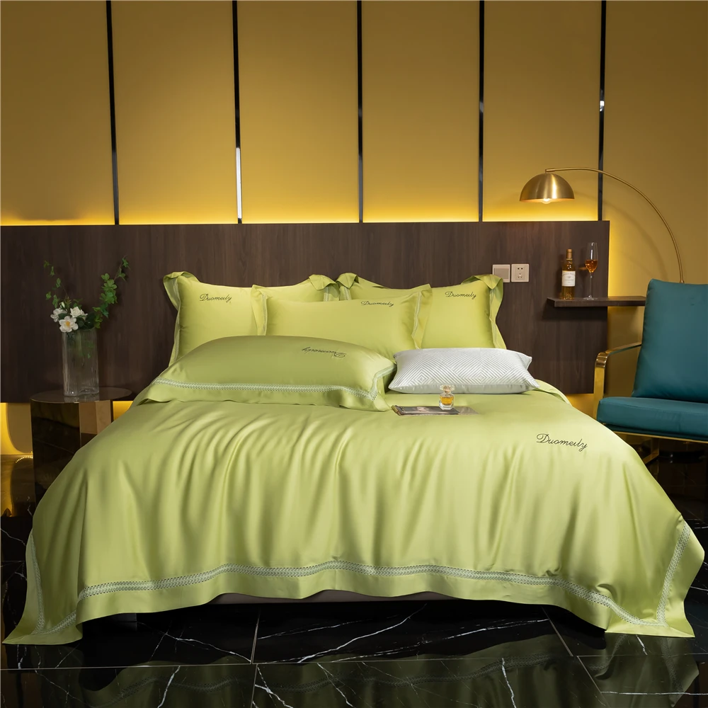 Bright Green Summer Thin Quilt Duvet Cover Flat Sheet Pillowcases Lyocell Deeper Sleep Bedding Sets Embroidery Hollowed Out