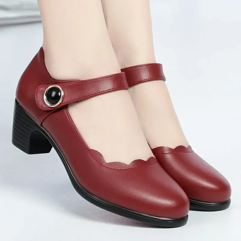 Women Casual Black Patent Leather Buckle Strap High Quality Shoes Lady Fashion Spring & Summer Red Comfort Heel Pumps A02