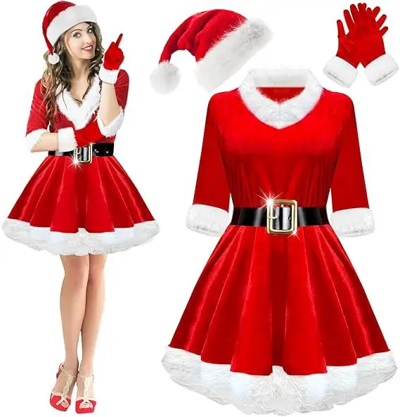 Robe Mère Noël en Velours avec Chaussettes Rayées et Bonnet de Lutin – photo 6