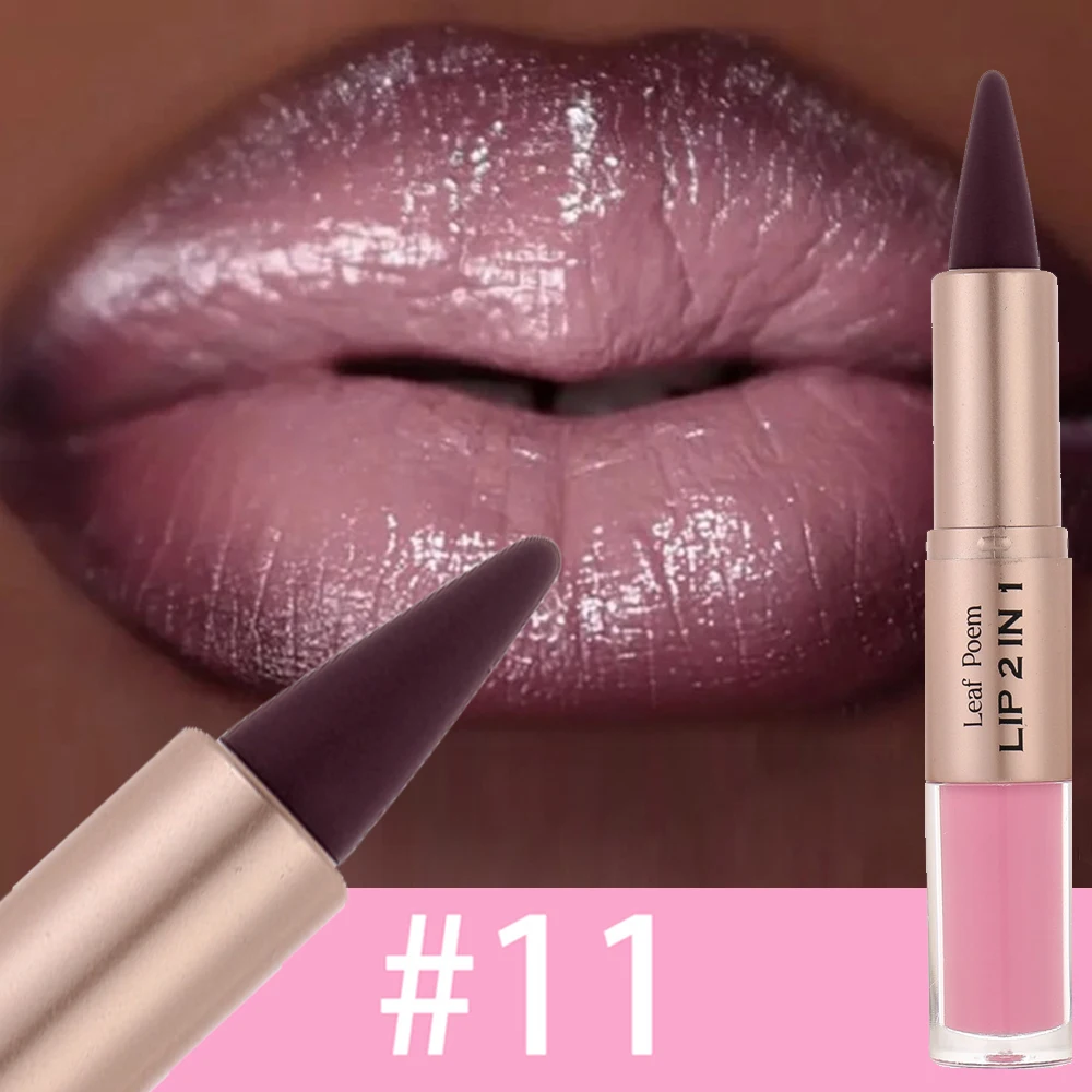 2 In 1 Dark Plum Pink Lip Makeup Matte Outline Lip Liner Mirror Plumping Lip Glaze Waterproof Lip Contour Non Stick Makeup
