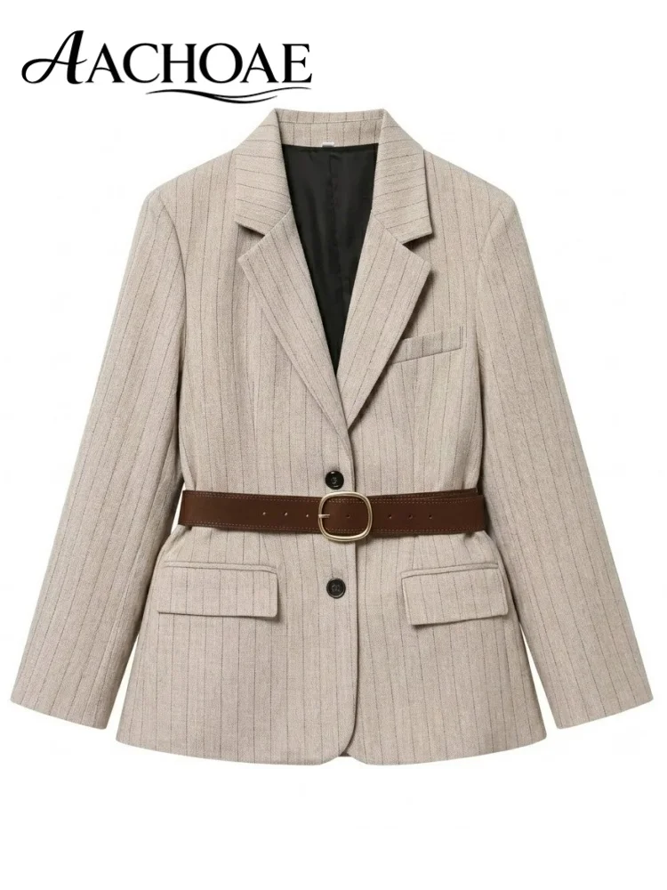 AACHOAE Women's Belted Stripe Blazer Jacket Structured Slim Suit Coat  Office Chic Long Sleeve Tailored Waist Belt Jacket Women