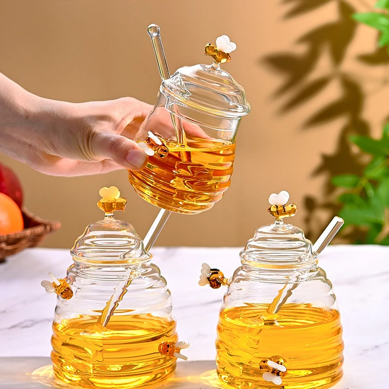 50 Pieces High Borosilicate Glass Honey Pot Set Stirring Rods Honey Storage Bottles with Lids Bee-Shaped Jar for Honey Shops