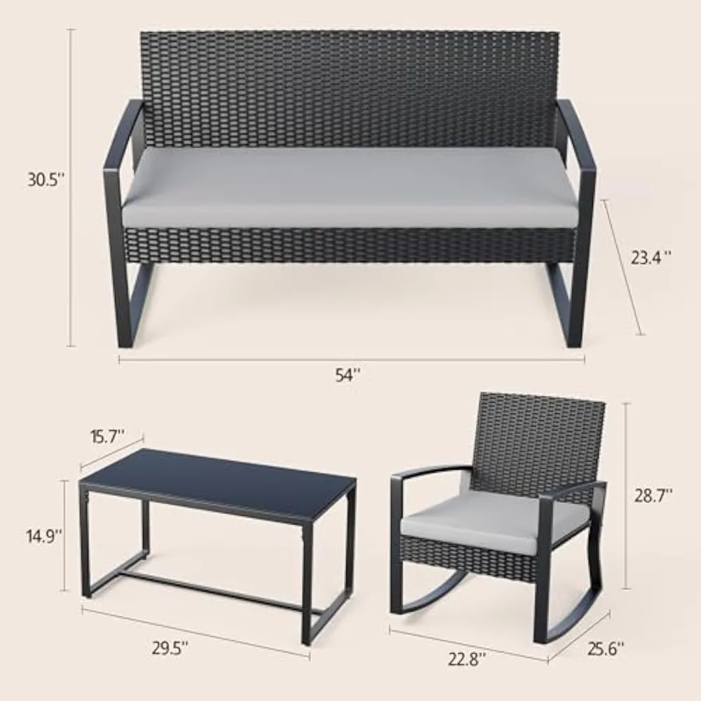 

4 Piece Outdoor Patio Furniture Set, Wicker Patio Furniture with Glass Coffee Table, Rocking Wicker Bistro Set, for Backyard, P