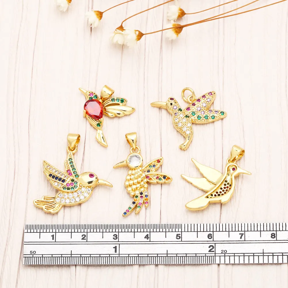 OCESRIO Multicolor Crystal Hummingbird Pendant for Necklace Copper Gold Plated CZ Animal Amulet Jewelry Making Component pdtb049