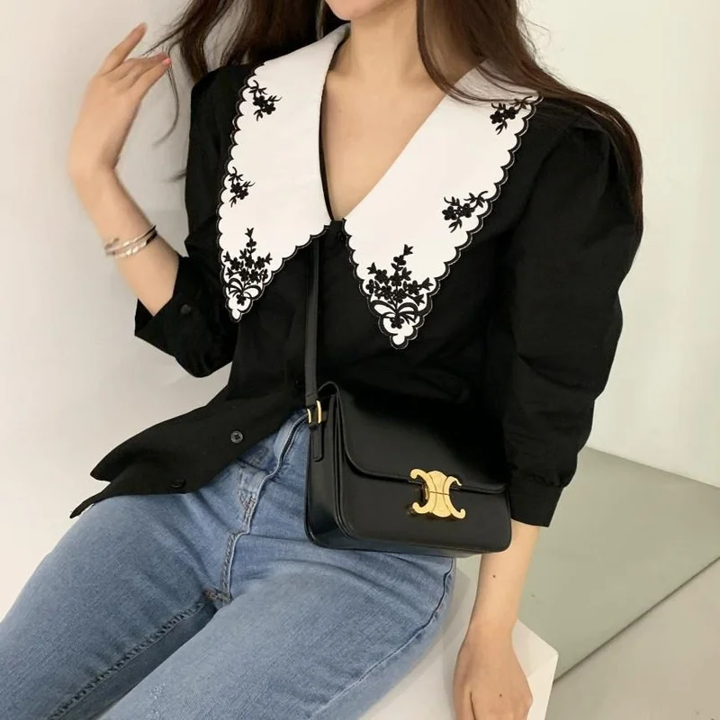 Shirts Women Embroidery Puff Sleeve Panelled Summer Tender Popular Aesthetic Simple Casual Cozy Design Feminino Trendy Ins Mujer