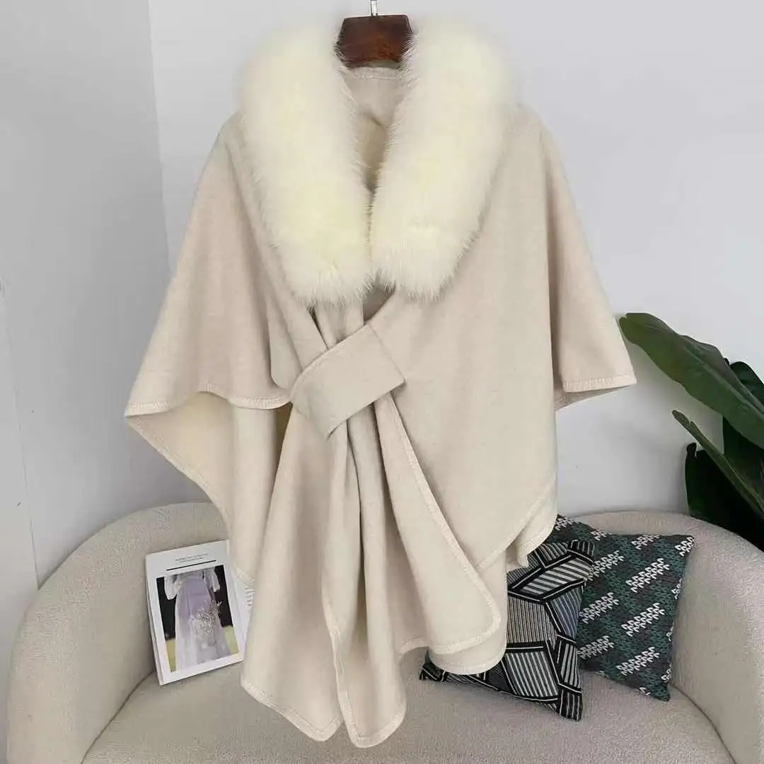 Jxwatcher Women's Cloak Poncho with Real Fox Fur Collar Spring Fall Fashion Shawl Winter Thick Warm Natural Fur Cape New Arrival