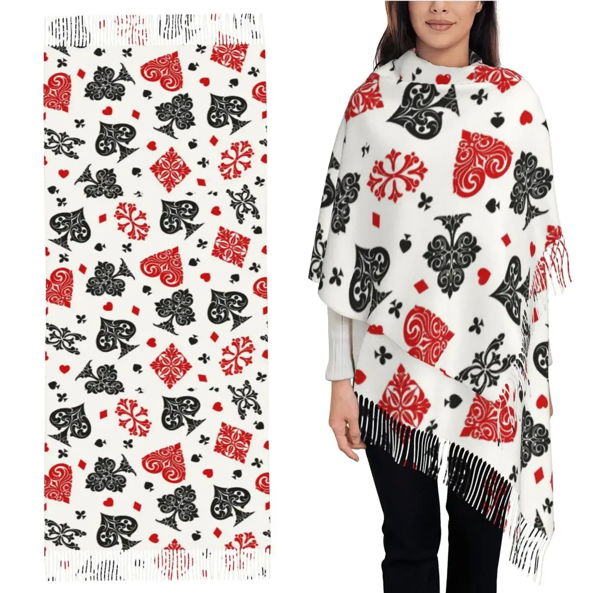 

Шарф с изображением игральных карт, шарфы с кисточками, женские мягкие теплые шали и накидки, большая осенне-зимняя шаль