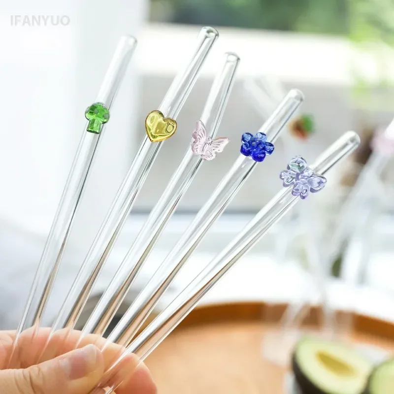 Clear Glass 8mm Drinking Straw Reusable Bar Tool for Coffee Mug Tea Beer Cocktail Tools Bowknot Mushroom Shape Decor for Party