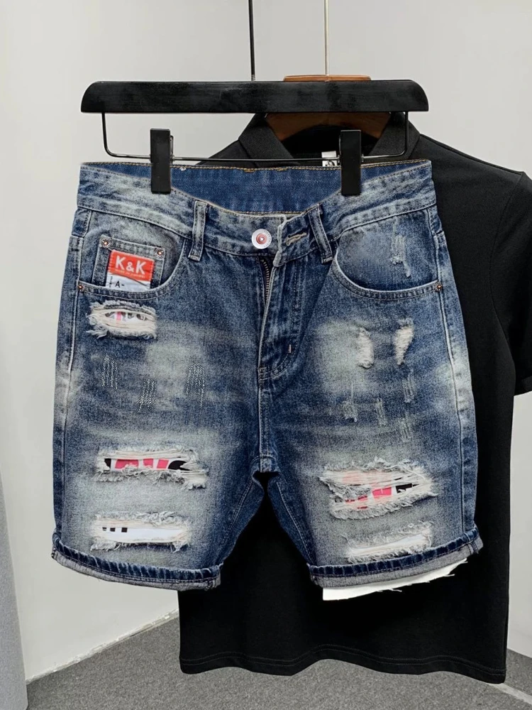 2026 Summer Ripped Straight Men Denim Shorts Korean Fashion Streetwear Blue Vintage Jean Slim Luxury Trend Male Brand Clothes