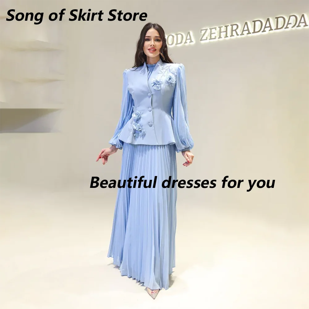 

Light Blue Evening Dress Customized Long Sleeves A Line Applique Evening Gowns for Women 2025 Elegant Floor Length Party Dress