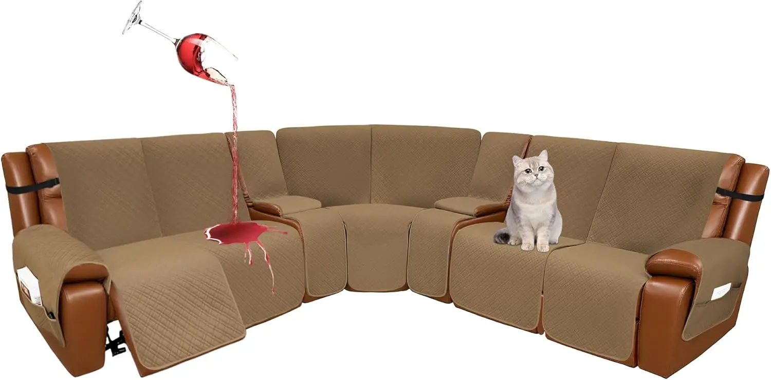 

Waterproof Reclining Sectional Couch Covers 9-Piece Quilted Set 5 Seater 2 Console Light Brown