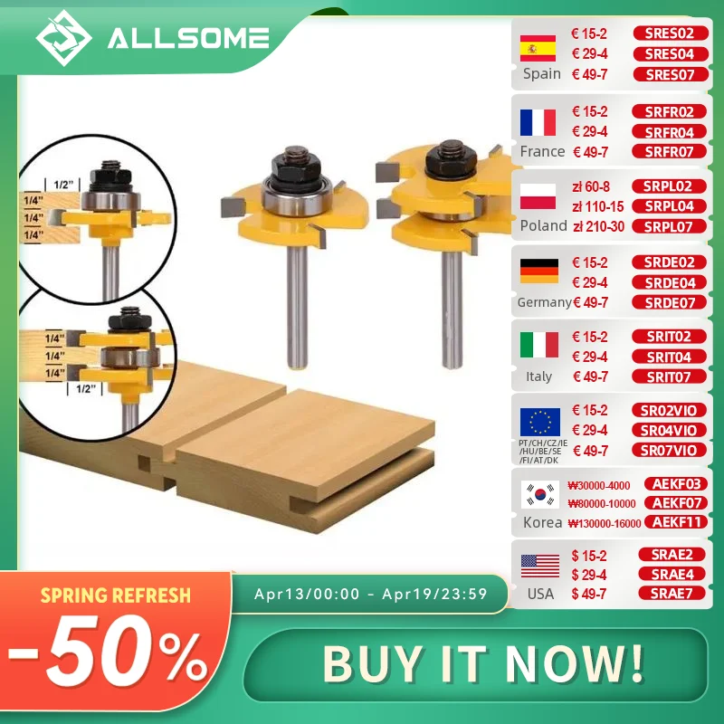 

ALLSOME 2PC Tongue & Groove Router Bit Set 3/4" Stock 1/4" Shank 3 Teeth T-shape Wood Milling Cutter Flooring Wood Working Tools