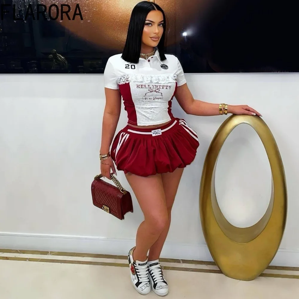 

FLARORA Sweet Lace Patchwork 2pcs Sets Woman Lapel Slim Print Crop Tops And A-line Pleated Skirt Outfits Female Y2k Streetwear
