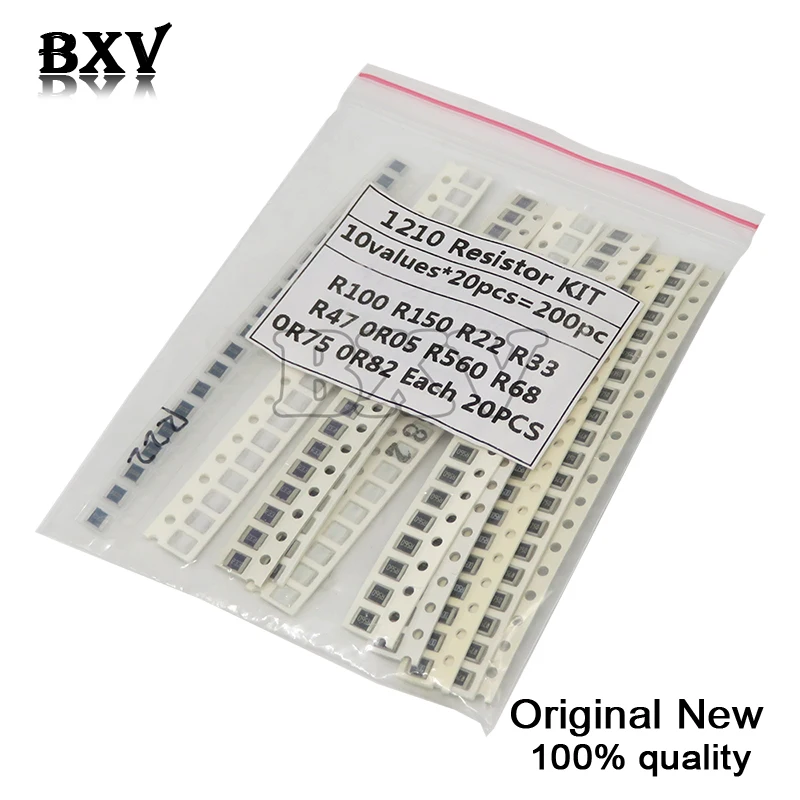 

200PCS 5% 1210 SMD Resistors Assorted Kit Set BXV ,10 ValueX20PCS=200PCS 0R82 0R75 R68 R560 0R50 R47 R33 R22 R150 R100