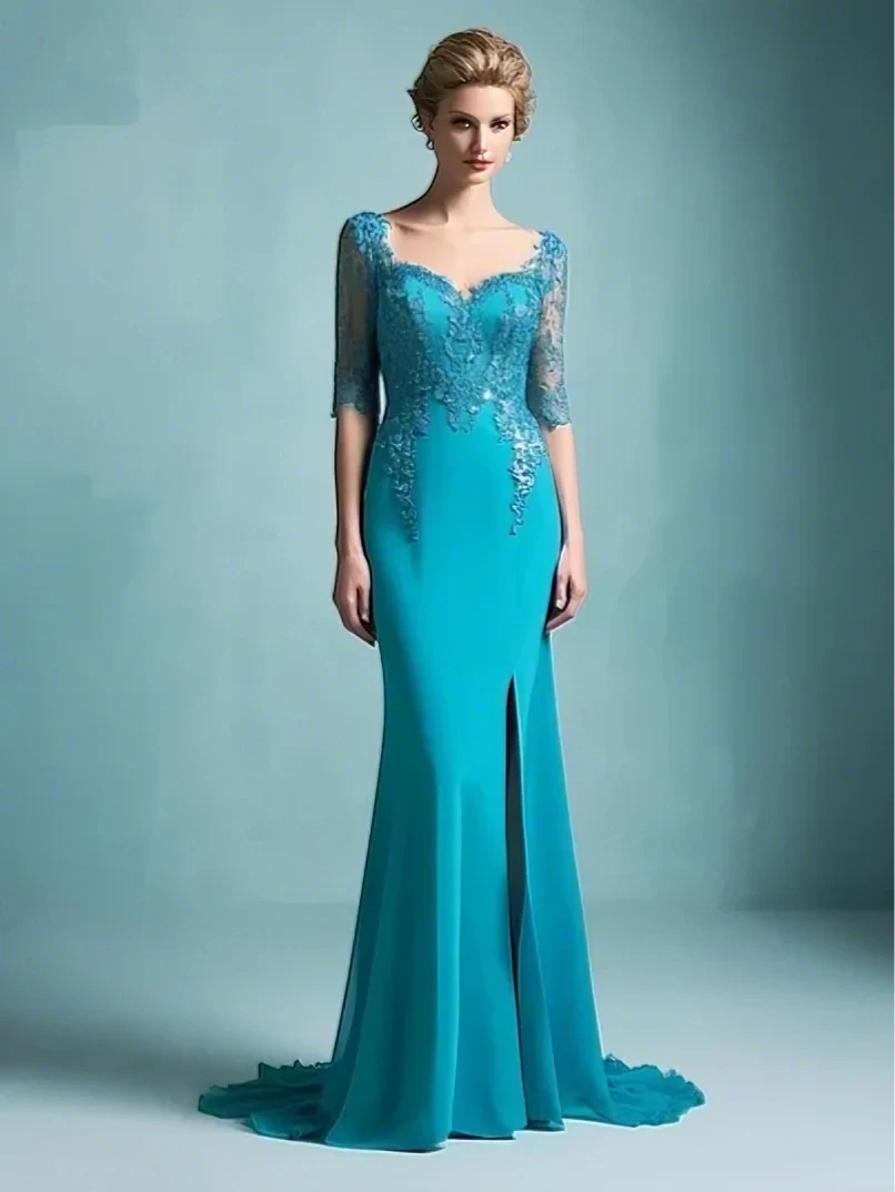 

Aqua Blue Long Formal Evening Dresses Sweetheart Chiffon Appliques Slit Mother of the Bride Mermaid Dresses 2025 Free Customized
