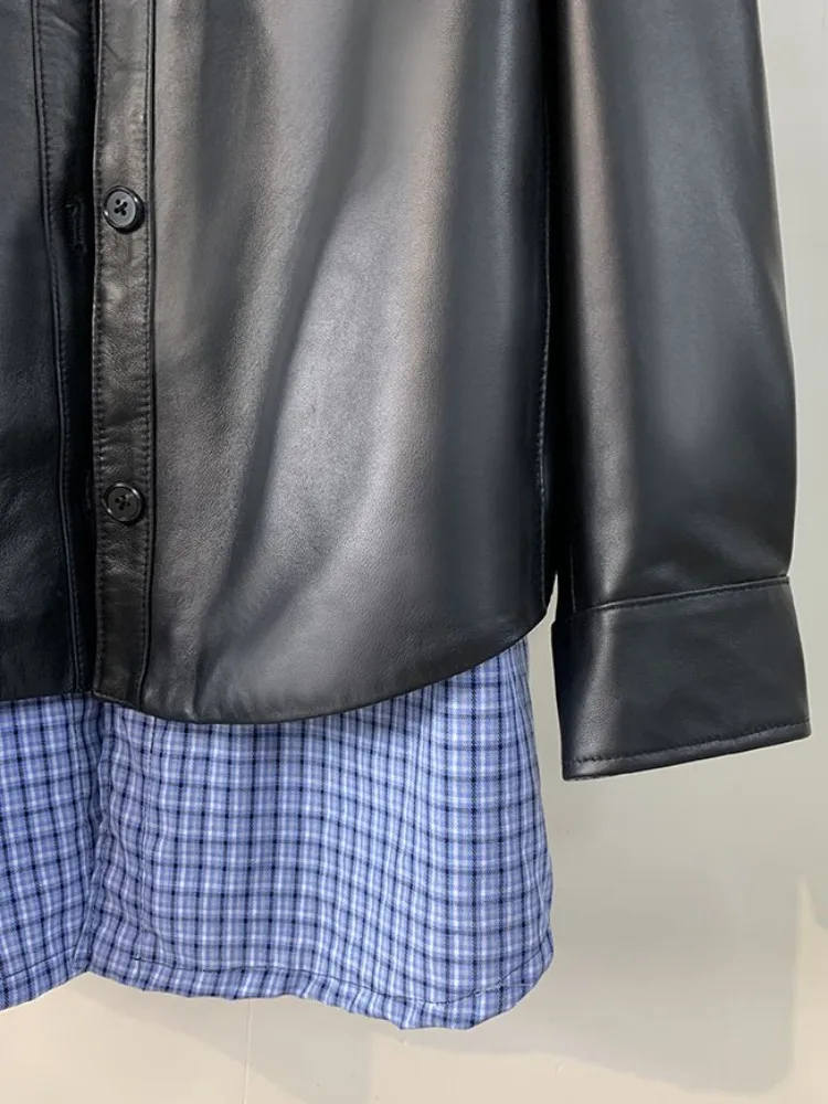 مكتب السيدات المرقعة اللون التلبيب سترة جلدية حقيقية فضفاضة واحدة الصدر جيب طويلة الأكمام ملابس خارجية من جلد الغنم