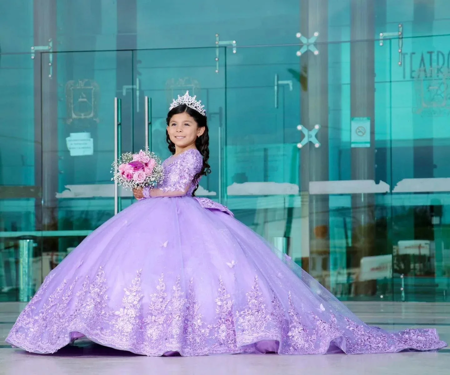 Customized Purple Flower Girl Dress for Wedding Lace Appliques Tulle Butterfly With Train Girl Child Birthday Party Dresses