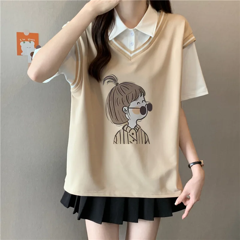 CGC Korean Fashion Polo Flip Short Sleeve Tees Cartoon Printing 100% Cotton T-shirt Summer Loose Top Women Female Clothing