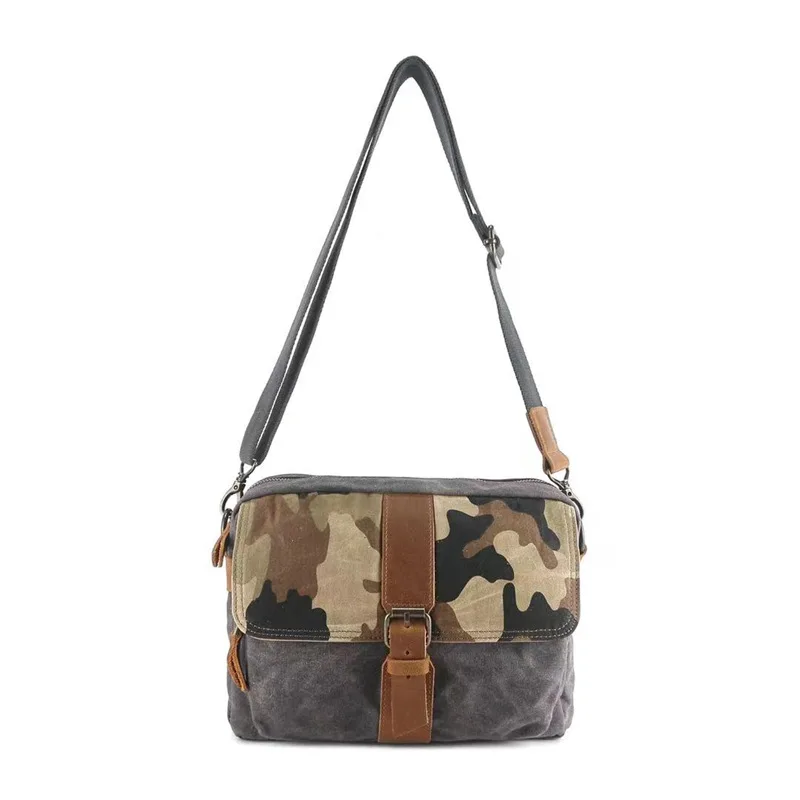 Camouflage Waterproof Oil Wax Canvas Backpack American Retro Style Crossbody Bag for Men Leather Strap Shoulder Bag