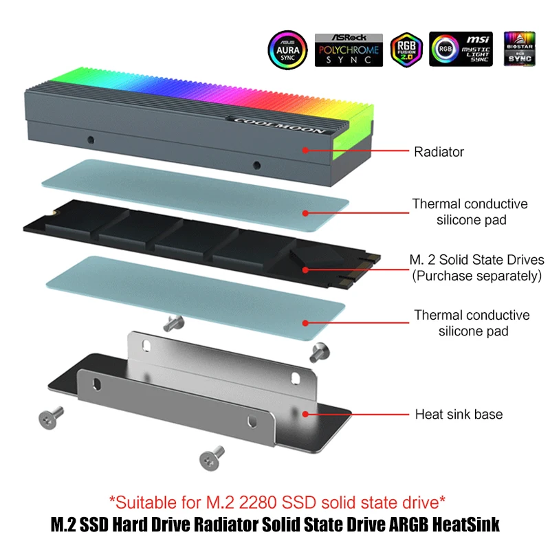 Computer 2280 SSD M2 Radiator Aluminum RGB M.2 Nvme Cooler Heatsink Solid State Drive Heat Sink Cooler,5V 3Pin ARGB AURA SYNC