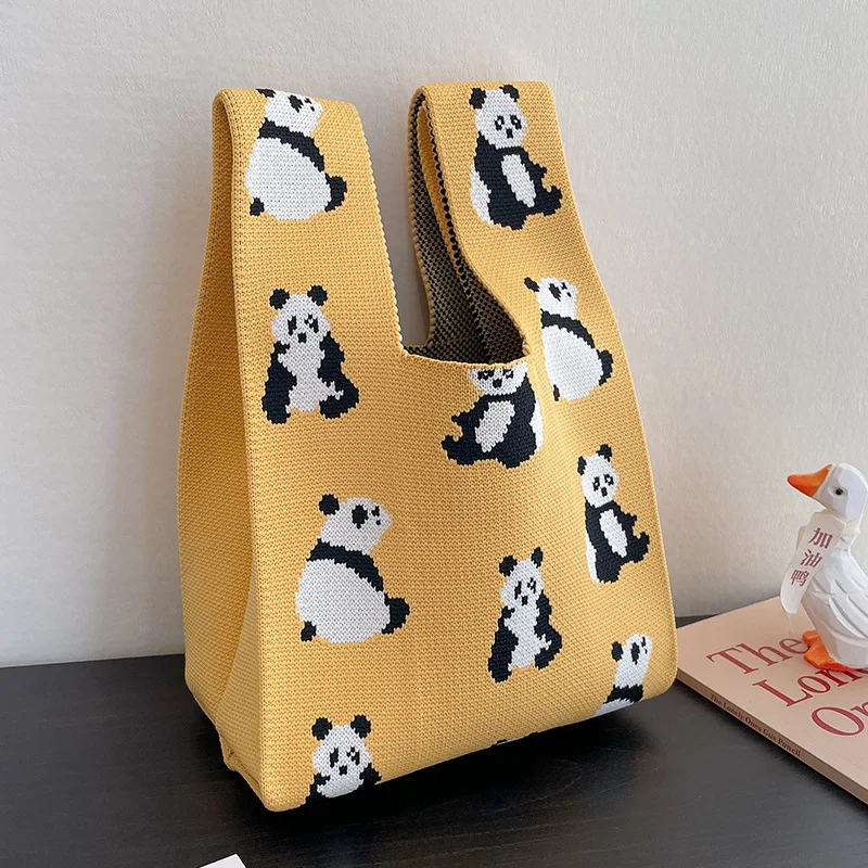 Cute Panda Pattern Knitted Handbag Korean Style Trendy Versatile Tote Bag Portable Reusable Shopping Bag Phone Key Pouch 20*35cm