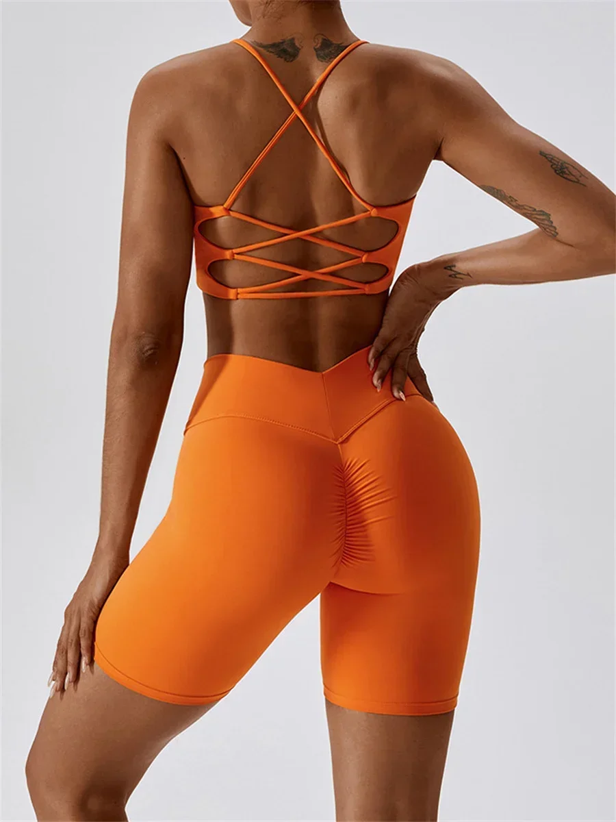 Seamless Yoga Set Women Orange Hollow Out Criss Cross Crop Top Bra Hip Lifting Short Sets Sport Running Workout Gym Clothing