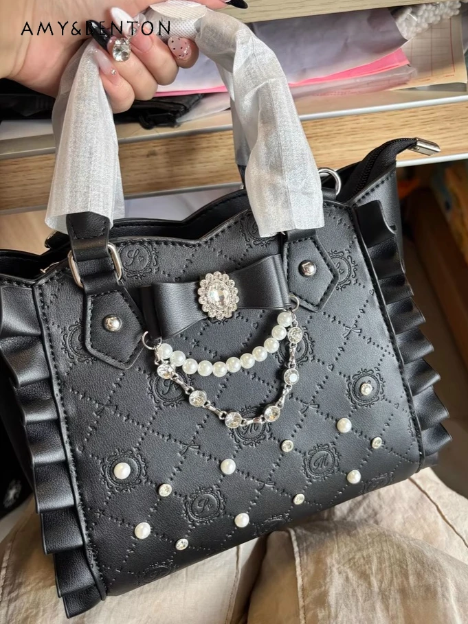 

Lolita Tote Bag Japanese Sweet Girl Style Flower Embroidery Beading Pearl Pendant Handbag Large Capacity Crossbody Bag Women