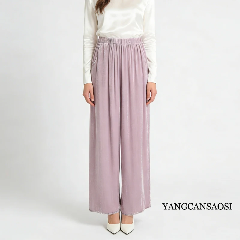 2026 Damenmode Frühling/Herbst Neue 30 % natürliche Maulbeerseide Samt Feste elastische Taille Taschendesign Hose mit geradem Bein