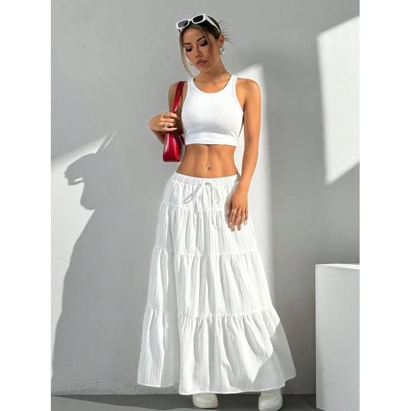 

Women's 2025 New White Half Length Skirt with Lace Up and Large Swing Skirt Fashionable Loose Long Skirt for Women