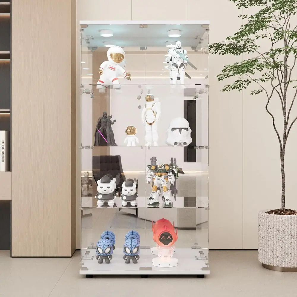LED-Illuminated Glass Display Cabinet with 4 Shelves and Mirror, Suitable for Living Room, Bedroom, Office, White Floor Standing