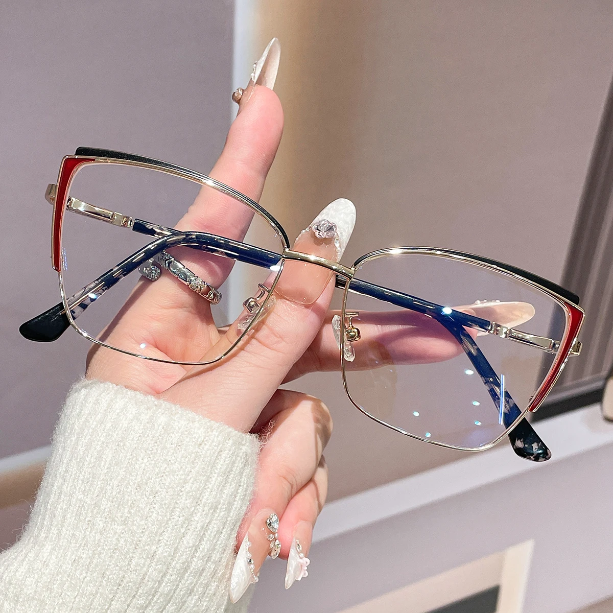 1Pc Unisex Plain Glasses New High-End Trendy Square Frame Personalized Patchwork Casual Versatile Anti-Visual Fatigue Daily Home