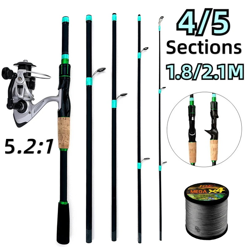 

GHOTDA 1.8-2.1m Lure Fishing Rod Combo 4/5 Sections Carbon Pole ML Action Baitcasting Reel 5.2:1 Gear Ratio with PE Line Kits