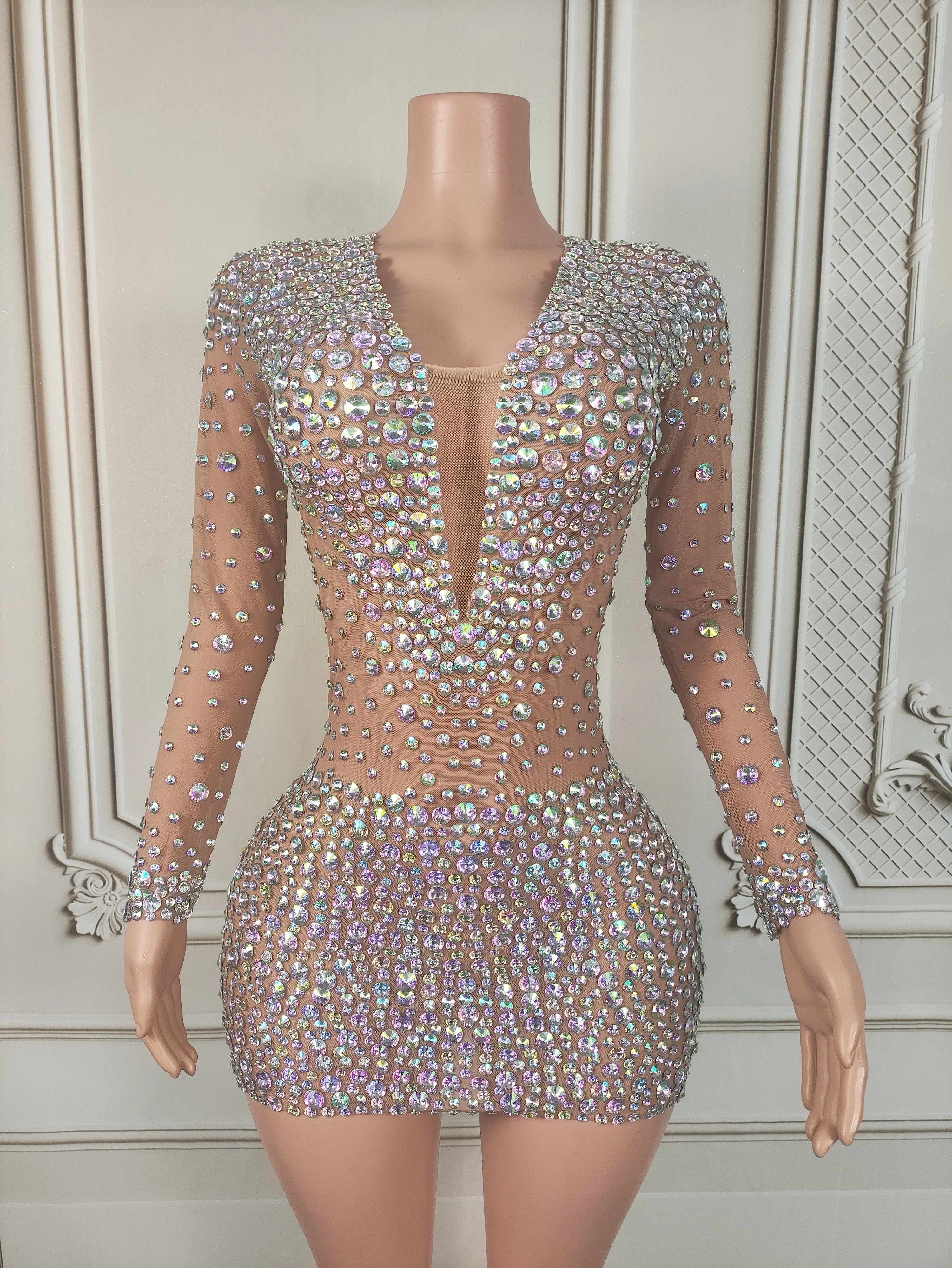 

2025 New Luxury Shining Diamond Sexy Mesh Transparent Long Sleeves Mini Dress Women Birthday Party Prom Nightclub Stage Costume