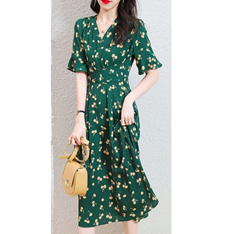 

Elegant V-Neck Printed Bandage Butterfly Sleeve Floral Dress Women Clothing Summer New Loose Office Lady Chiffon Midi Dress