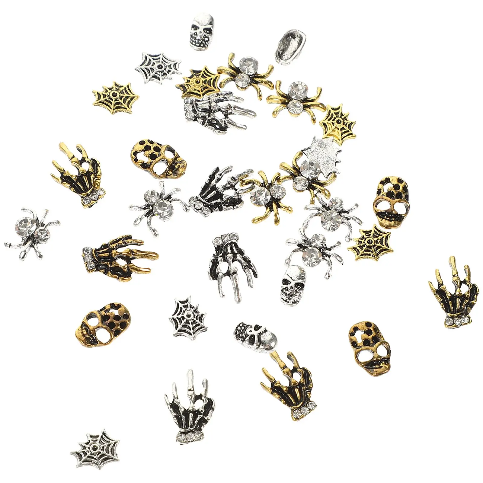 

32 Pcs Retro Rhinestone Skull Spider Nail Charms Vintage Metal Decorations for Halloween Nail Supplies Accessories