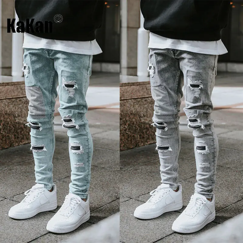 Kakan-y2k nouveaux vêtements pour hommes usés petites jambes élastiques, bottes de motoryclist minces et belles jeans longs jeans, jeans homme marque