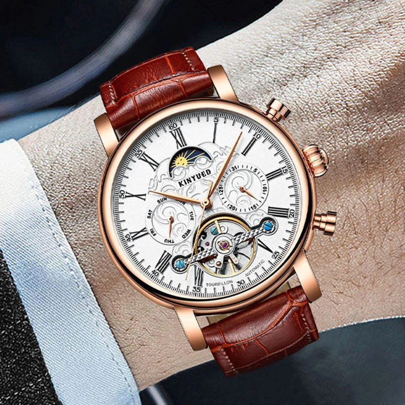 KINYUED marchio di lusso Tourbillon orologio da uomo cinturino in pelle moda business orologi meccanici automatici per uomo orologio impermeabile