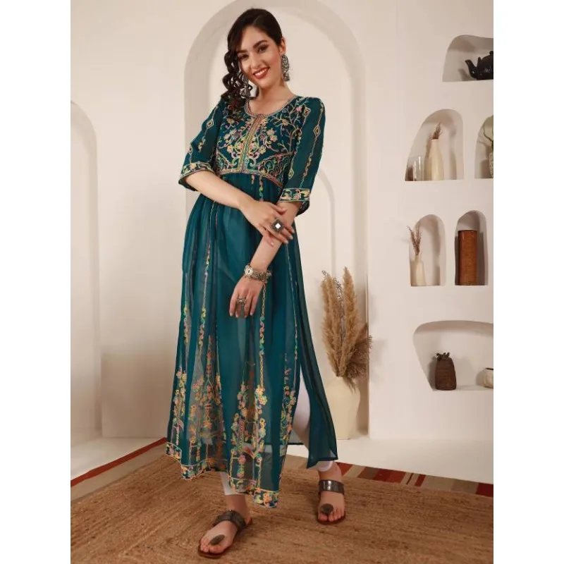 Ethnic Kurta Dupatta Set Designer Women Georgette Kurti Set