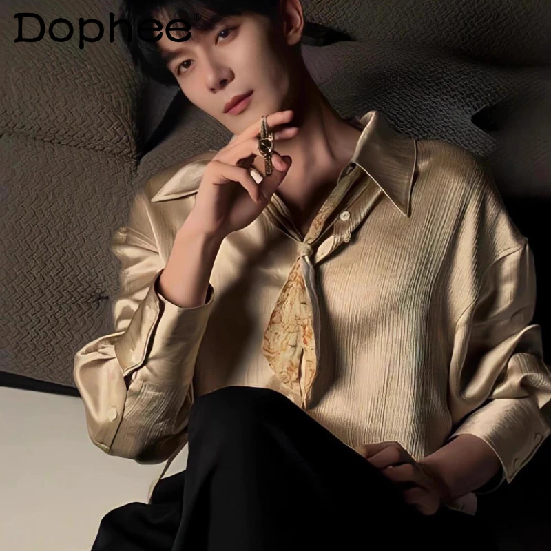 

Men's 2025 Four Seasons Wear Trendy Fashion Light Luxury Elegant Long Sleeve Shirts Glossy Temperament Long Sleeve Chic Shirts