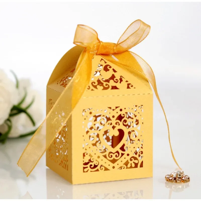 

50PCS laser Cut Gift Box with ribbon Mini candy box for weddings, parties, baby showers, bridal showers (2x2x3 inch)