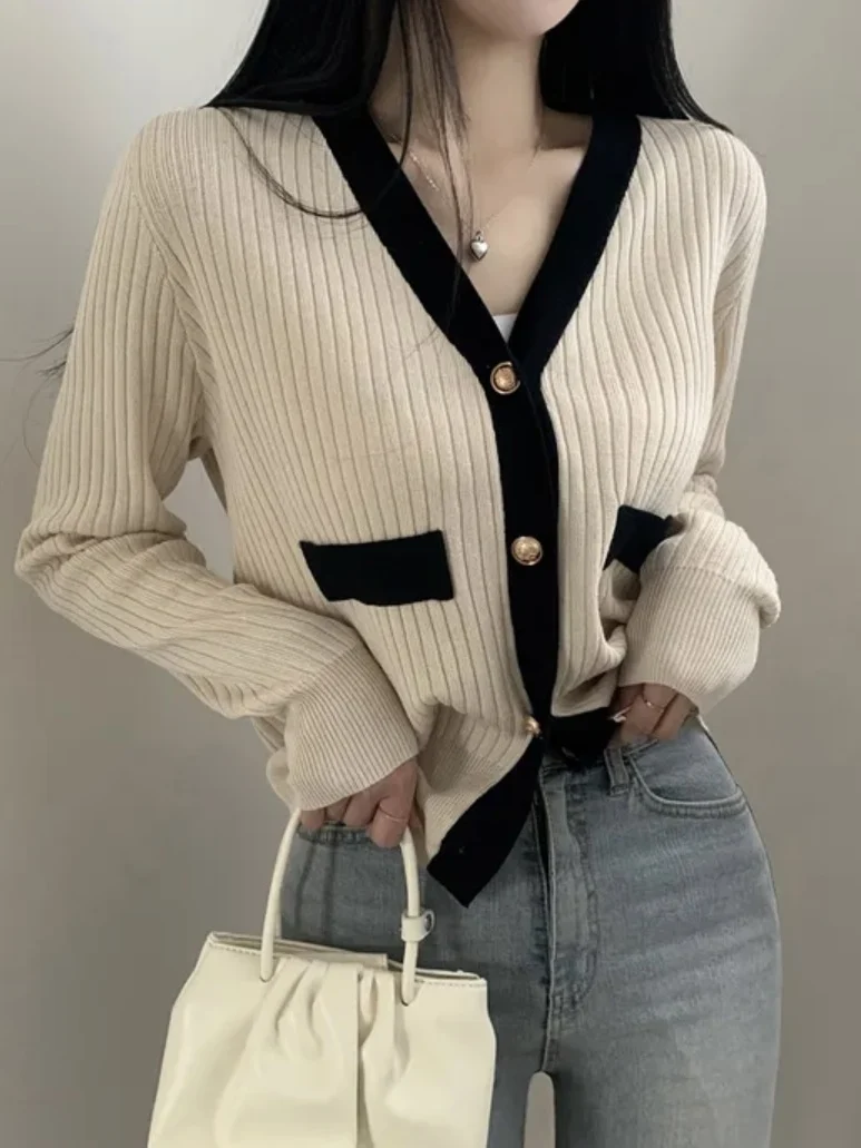 

Женский вязаный свитер Ele с V-образным вырезом и длинными рукавами, базовый топ, черно-белый открытый кардиган, роскошный, мягкий, из полиэфирного волокна