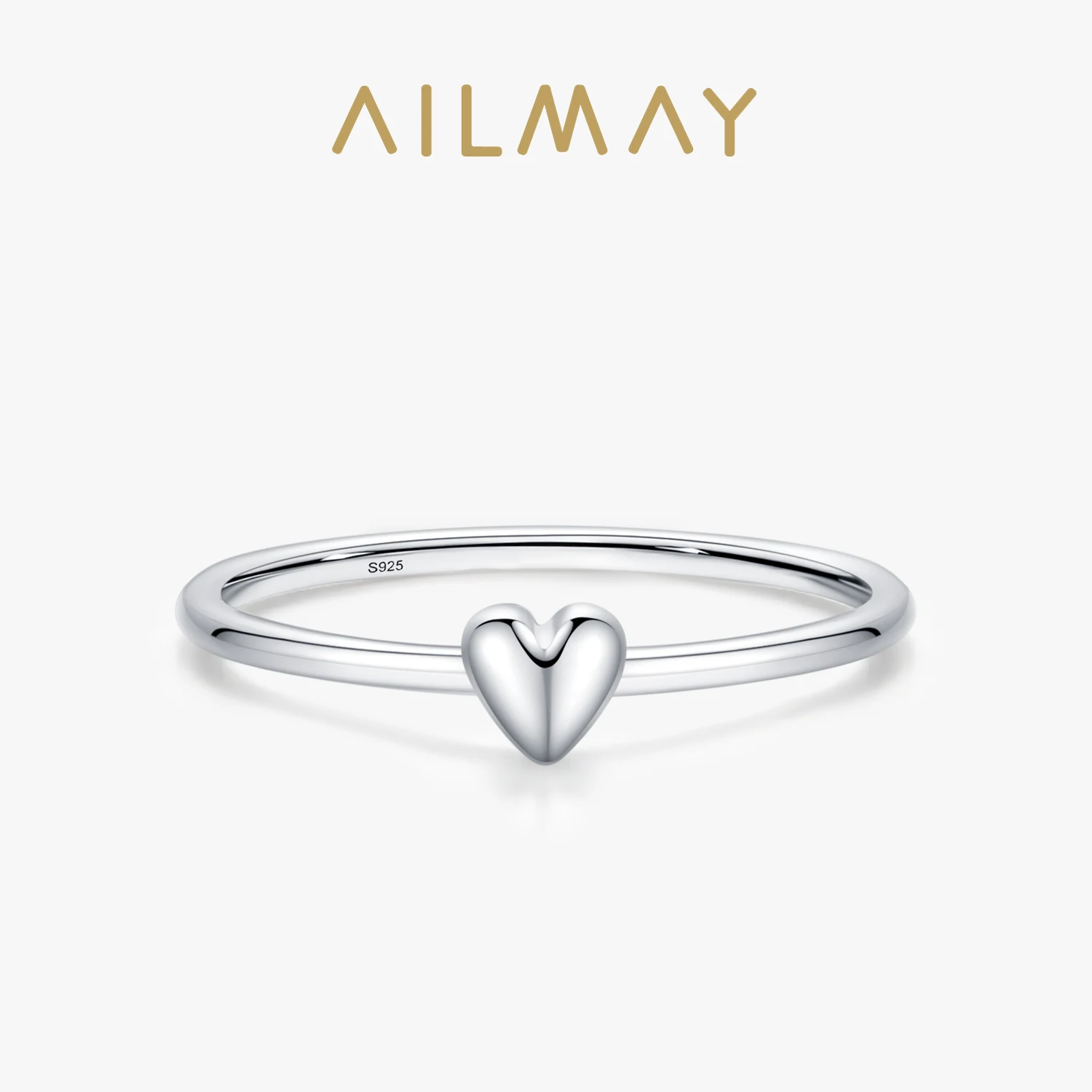 Ailmay Genuine 925 Sterling Silver Simple Fashion Smooth Heart Finger Ring For Women Party Stackable Minimalist Jewelry Gift